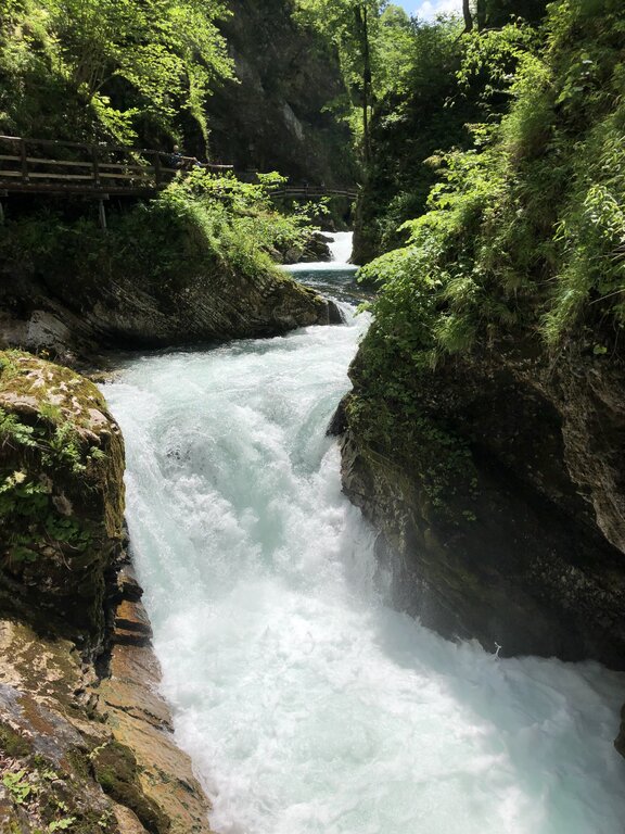 A rushing waterfall cascades through Vintgar Gorge in Slovenia, surrounded by steep, moss-covered rock walls and lush greenery. The whitewater flows forcefully over the rocky terrain, creating a dramatic contrast against the darker cliffs. A wooden boardwalk clings to the left side of the gorge, allowing visitors to admire the natural beauty from above.