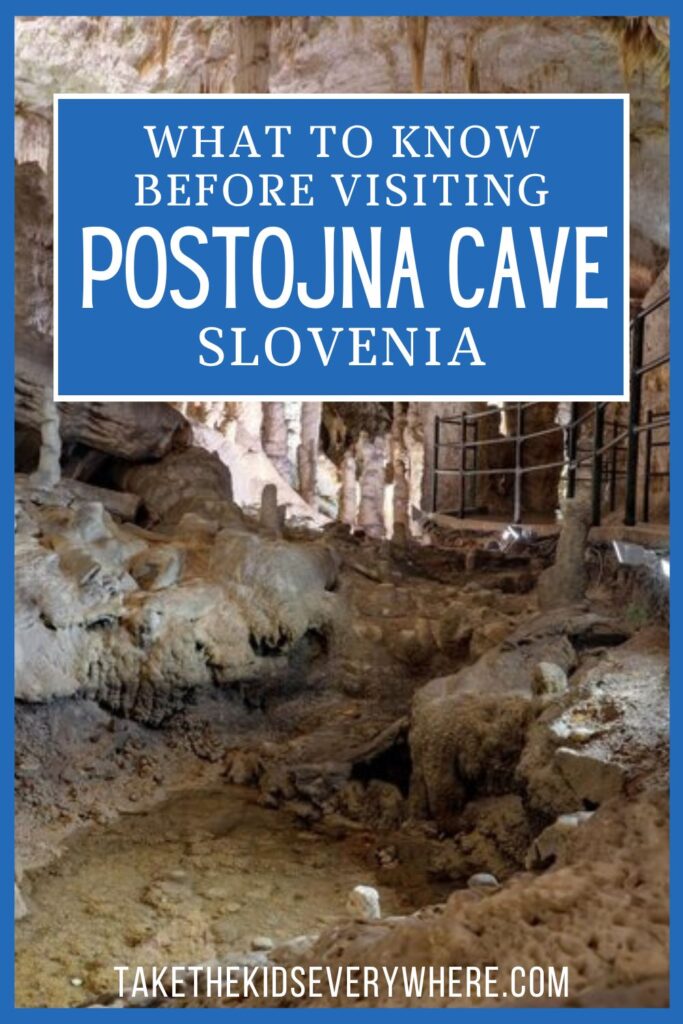 Interior of Postojna Cave in Slovenia with dramatic limestone stalactites and stalagmites surrounding a lit walking path and metal railing. Blue overlay text reads What to Know Before Visiting Postojna Cave Slovenia with takethekidseverywhere.com at the bottom highlighting this as a family travel guide.