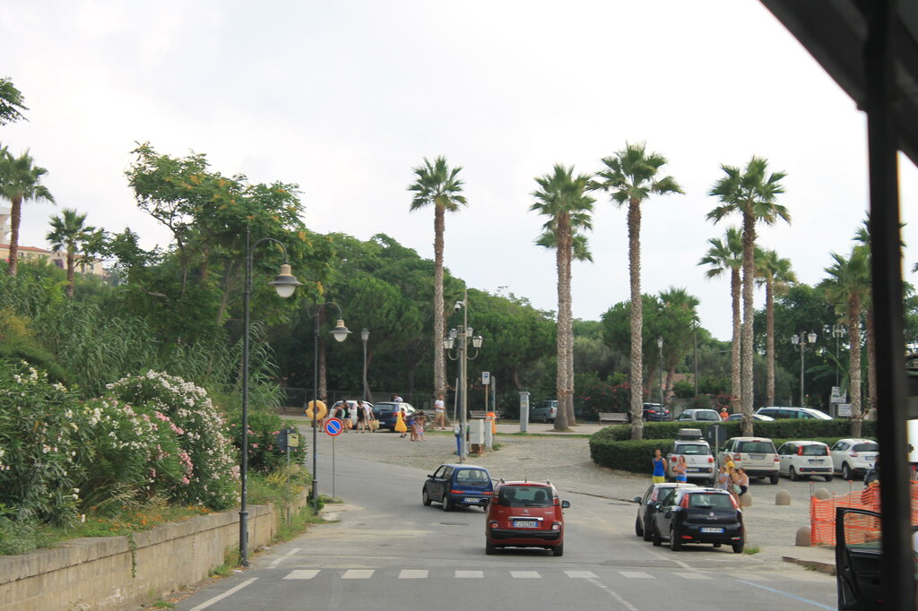 A palm-lined street leads to a parking area filled with cars and people, some carrying beach gear. Lush greenery and blooming flowers frame the road, with classic street lamps adding a charming touch. The overcast sky casts a soft light over the scene, giving a relaxed, coastal vibe.