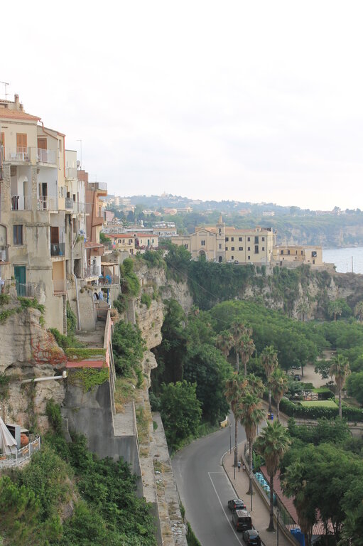 A row of weathered buildings clings to the edge of a steep cliff in a coastal Italian town, overlooking a winding road lined with palm trees and lush greenery. In the distance, more historic buildings and rolling hills lead toward the hazy shoreline under a soft, overcast sky.