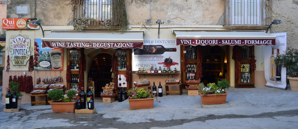 Streetfront view of a traditional Italian enoteca in Tropea, "Vini e Dintorni," featuring two entrances beneath red awnings labeled for wine tasting and local product sampling. The shop showcases large wine bottles, hanging chili peppers, baskets of goods, and potted plants, inviting visitors to explore its offerings of wines, liquors, cured meats, and cheeses.