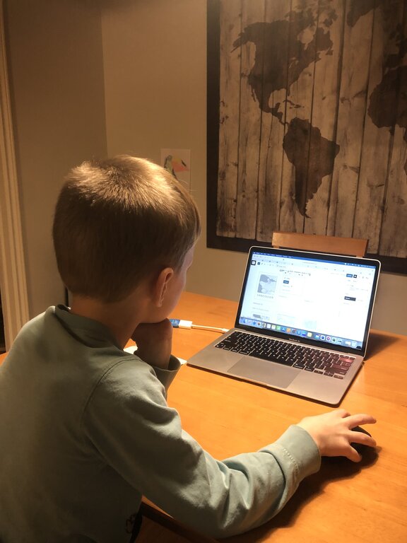 A young boy in a green shirt sits at a wooden table using a laptop, reading a blog-related webpage. The cozy workspace has wall art and a vase with blue flowers in the background.