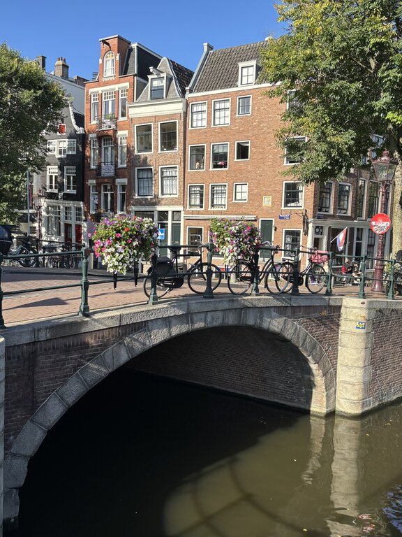 A classic Amsterdam canal scene featuring a stone arch bridge lined with bicycles and vibrant flower baskets on both sides. Behind the bridge are tall, narrow Dutch townhouses with large windows and stepped or gabled roofs, bathed in bright sunlight under a clear blue sky.