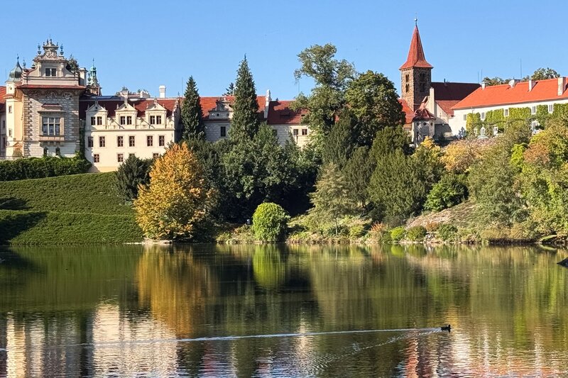 A large historic chateau with red-tiled roofs and a mix of Renaissance and Gothic architecture stands behind a calm, tree-lined lake. Lush greenery and early autumn foliage are reflected in the water, with a single bird gliding across the surface under a clear blue sky.