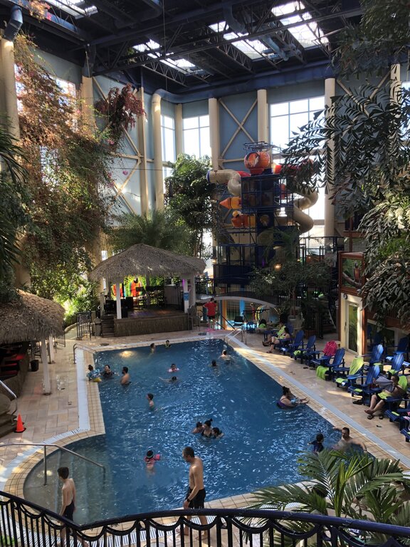 A vibrant indoor pool area includes a swim-up tiki bar, tall tropical plants, and a colourful water slide play structure, with families swimming and relaxing on poolside lounge chairs under the natural light from large windows and skylights.