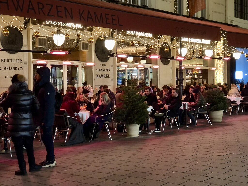 An outdoor restaurant scene at night, with many people dining under warm red lights and festive string lights above. The restaurant name "Zum Schwarzen Kameel" is visible on the awning.