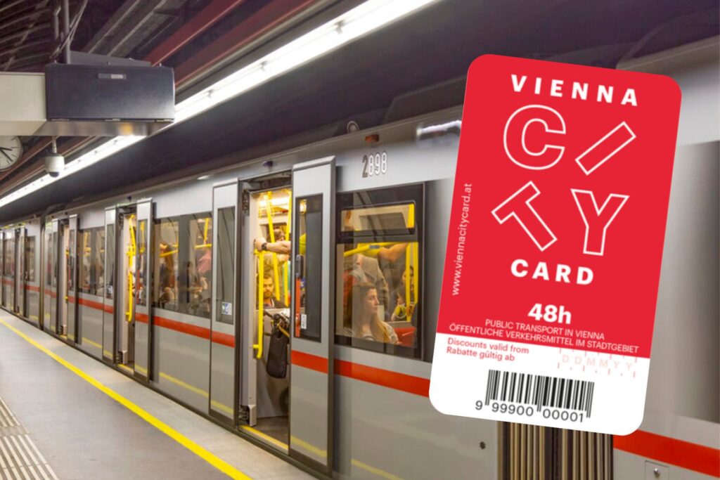 A Vienna City Card graphic is overlaid on a photo of a Vienna subway train at a station platform, emphasizing its use for public transportation within the city.