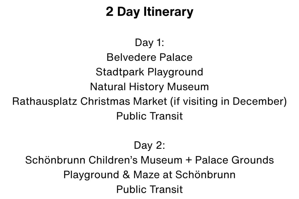 Text-based itinerary graphic titled “2 Day Itinerary” listing activities in Vienna. Day 1 includes Belvedere Palace, Stadtpark Playground, Natural History Museum, Rathausplatz Christmas Market (if visiting in December), and Public Transit. Day 2 includes Schönbrunn Children’s Museum and Palace Grounds, Playground & Maze at Schönbrunn, and Public Transit.
