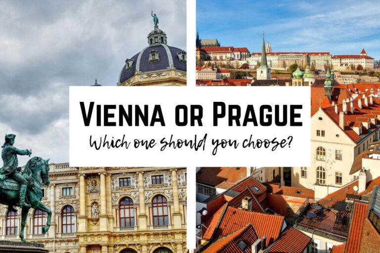 Split image comparing Vienna and Prague with a bold text overlay reading “Vienna or Prague – Which one should you choose?” Left side shows a statue of a horse and rider in front of Vienna’s ornate architecture under cloudy skies, while the right side shows Prague’s red rooftops and historic skyline under a blue sky.