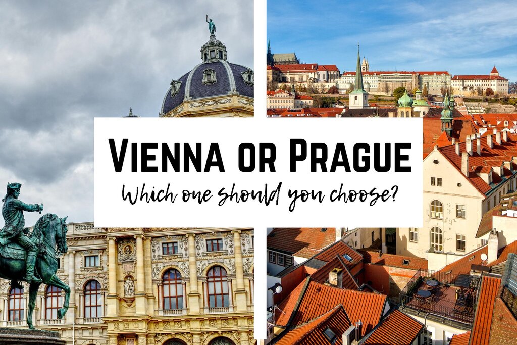 Split image comparing Vienna and Prague with a bold text overlay reading “Vienna or Prague – Which one should you choose?” Left side shows a statue of a horse and rider in front of Vienna’s ornate architecture under cloudy skies, while the right side shows Prague’s red rooftops and historic skyline under a blue sky.