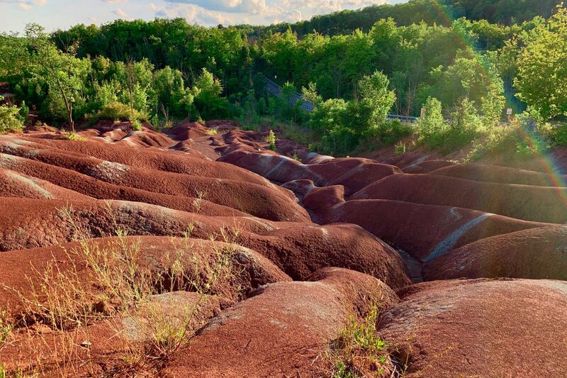 The striking red and rust-coloured rolling hills of the Cheltenham Badlands in Ontario, with sparse dry vegetation in the foreground and a lush green treeline behind, bathed in warm sunlight with a faint rainbow visible on the right.