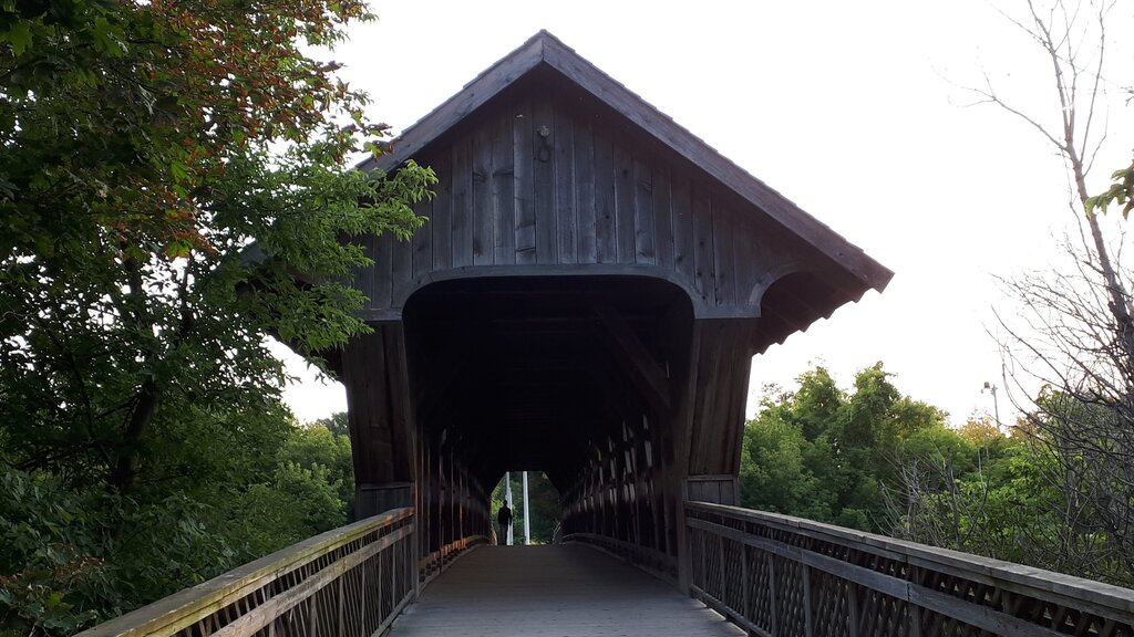 a dark covered bridge against a white sky