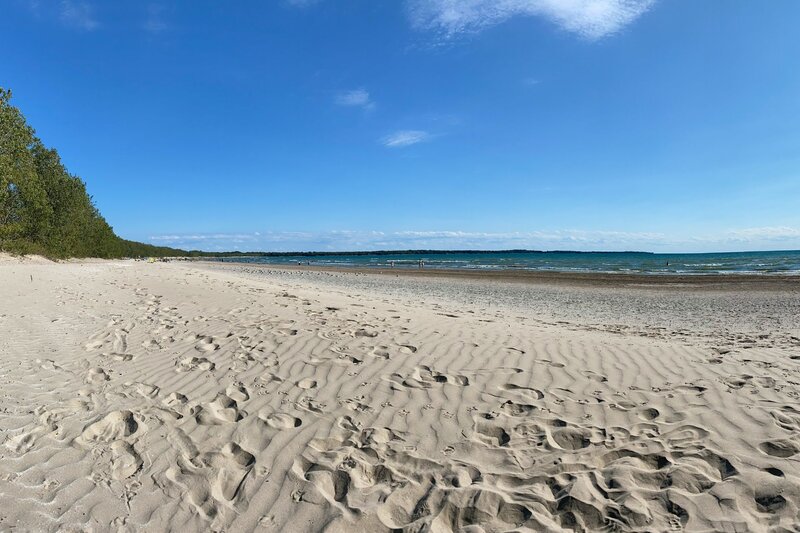 A wide, sandy beach at Sandbanks Provincial Park stretches into the distance along the shore of Lake Ontario, with rippled sand in the foreground, a treeline on the left, and bright blue sky overhead.