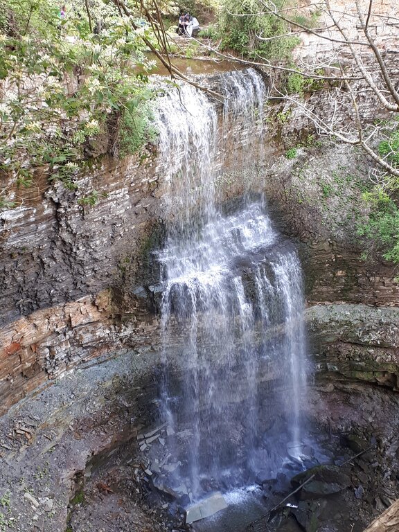 A small waterfall flows over layered rock ledges into a shallow pool surrounded by trees and stone. The gentle cascade known as Felkers Falls, sits within a wooded hiking area near Hamilton.