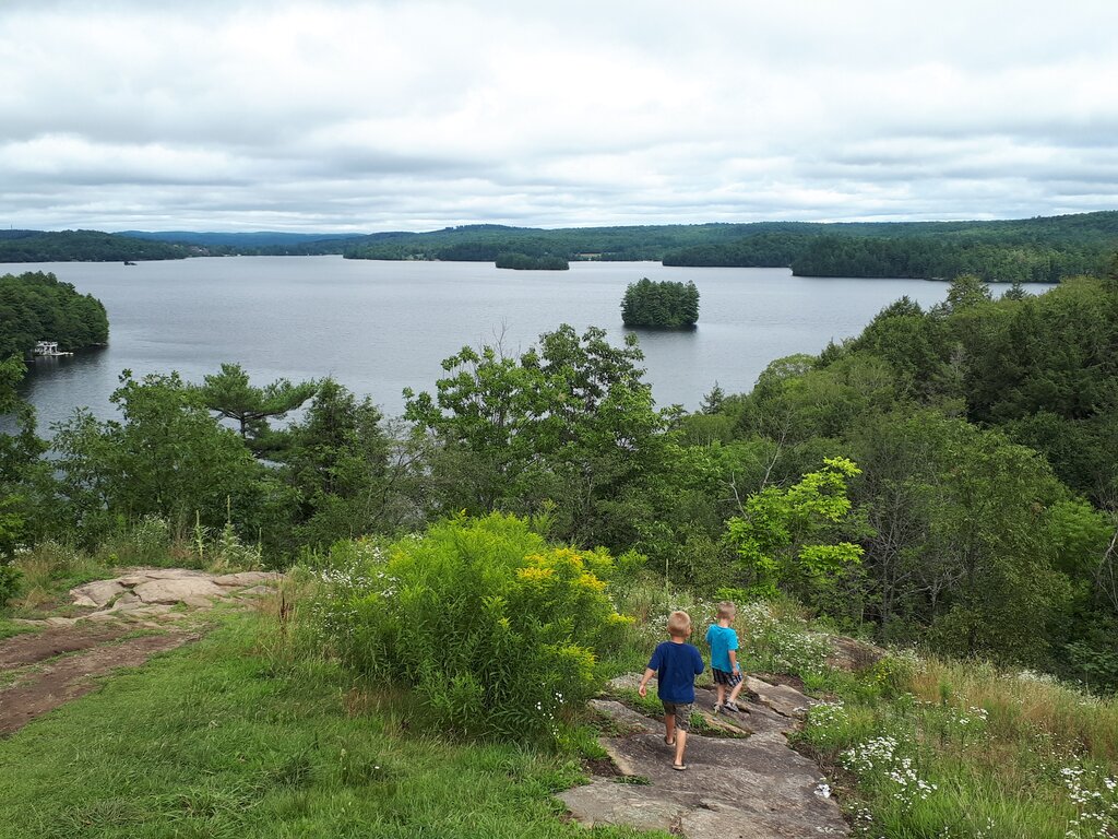 Two young children walk down a rocky path toward a scenic lake viewpoint surrounded by green trees and small forested islands.