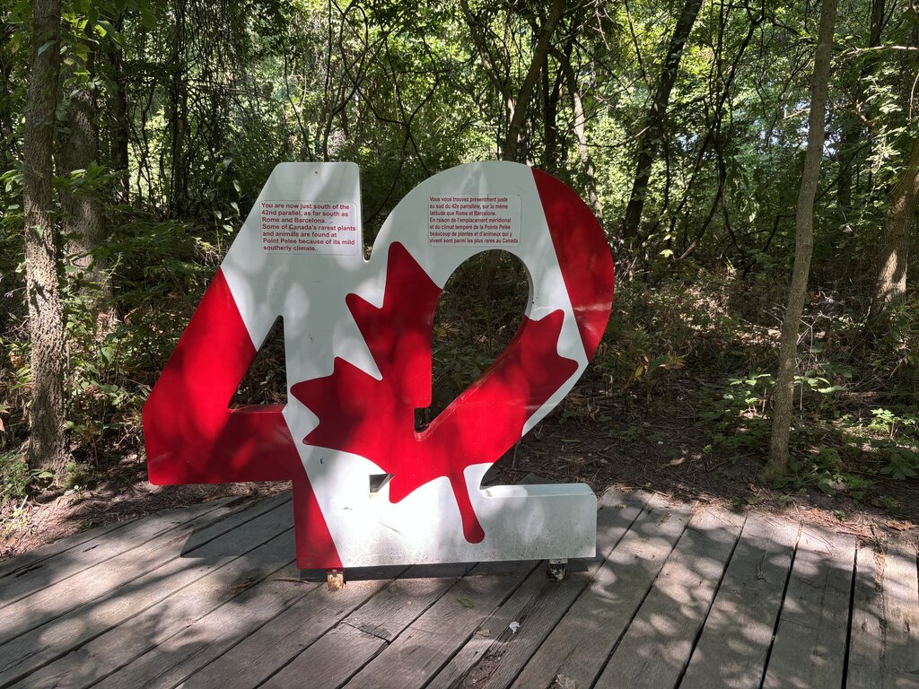 A large sculpture of the number "42" painted with a red maple leaf stands on a wooden platform surrounded by dense forest in Ontario. Small text on the sculpture explains regional climate and plant life.