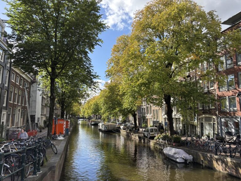 Tree lined Amsterdam canal with bicycles parked along the edge and boats floating on the water between rows of narrow historic buildings under a sunny sky.