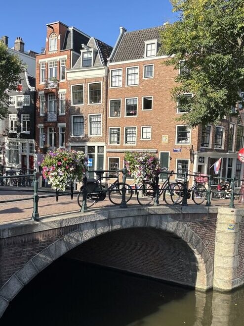 A classic Amsterdam canal scene featuring a stone arch bridge lined with bicycles and vibrant flower baskets on both sides. Behind the bridge are tall, narrow Dutch townhouses with large windows and stepped or gabled roofs, bathed in bright sunlight under a clear blue sky.