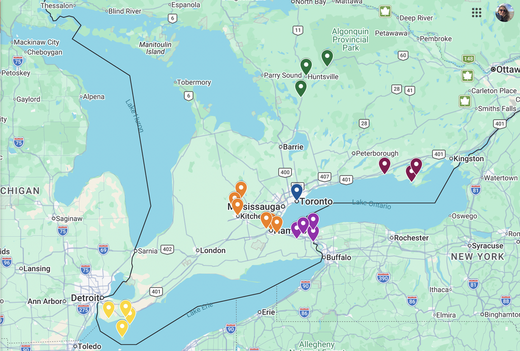 Map illustrating a one week in Toronto itinerary with additional destinations across southern Ontario including Niagara region, Muskoka, Prince Edward County, and Point Pelee highlighted with colored markers.
