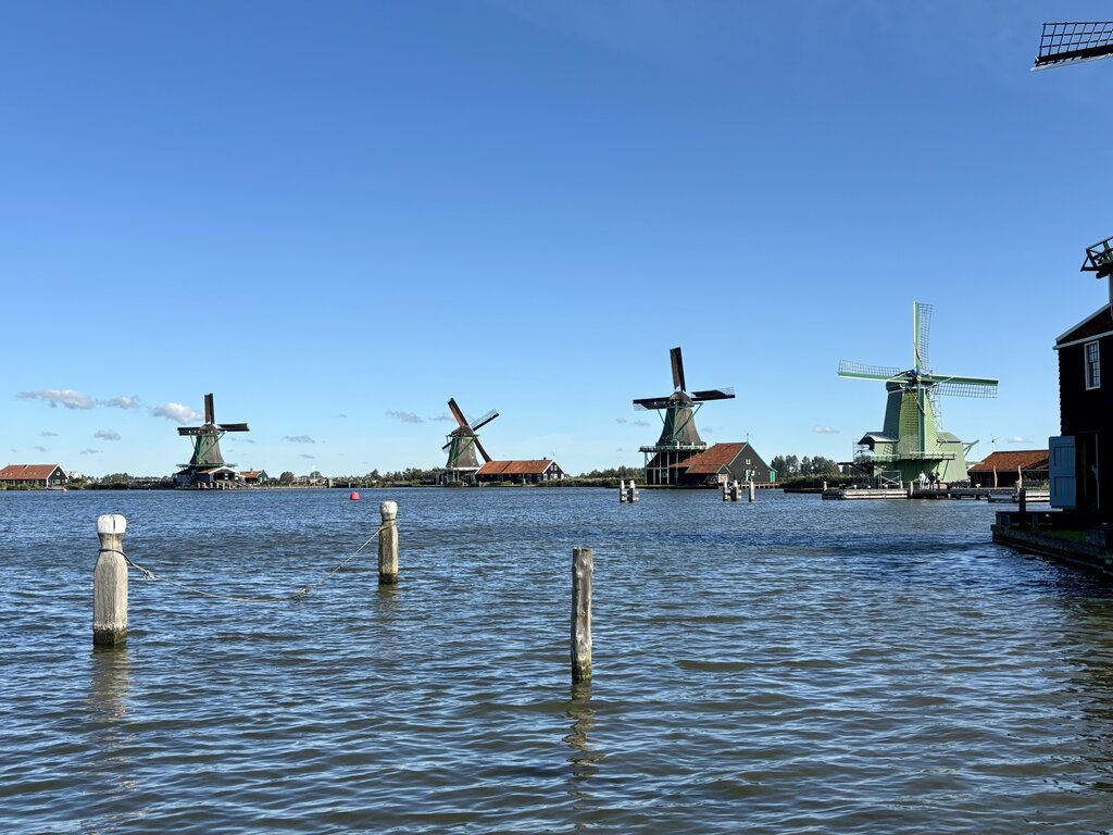 Wide view of traditional Dutch windmills standing along the water with small buildings nearby under a bright blue sky.