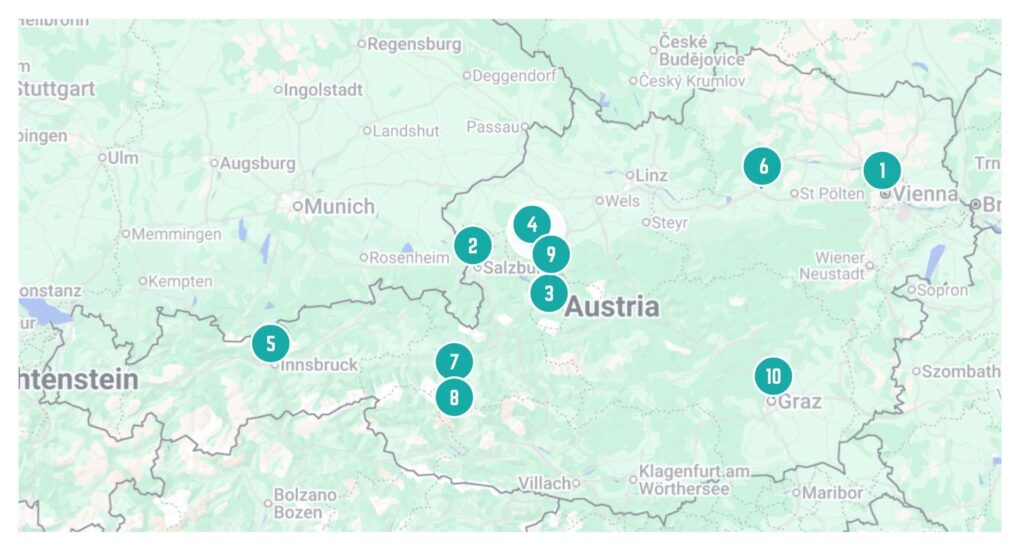 Map showing the best places to visit in Austria, including Vienna, Salzburg, Hallstatt, Innsbruck, Zell am See, and the Wachau Valley.
