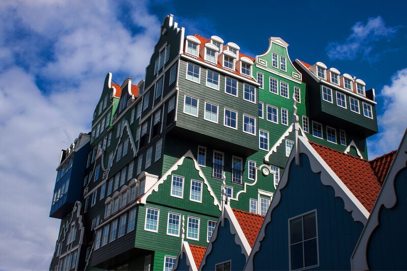 Colourful traditional Dutch-style buildings at the Inntel Hotel in Zaandam, a popular place to stay near Amsterdam.