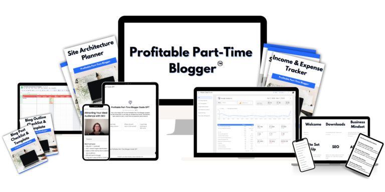 Promotional graphic featuring the Profitable Part-Time Blogger program displayed across desktop, laptop, tablet, and mobile devices alongside workbooks, SEO spreadsheets, site architecture planners, analytics dashboards, and downloadable templates. The image showcases the mix of training materials, resources, and tools included in this Profitable Part Time Blogger review.