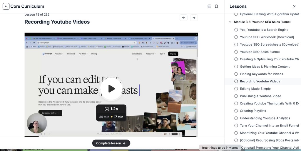 Screenshot of the Profitable Part Time Blogger course showing the "Recording Youtube Videos" lesson within the YouTube SEO Sales Funnel module. A video player is open alongside a lesson list covering keyword research, content planning, video editing, publishing, analytics, and monetization, highlighting the practical video training included in this Profitable Part Time Blogger review.