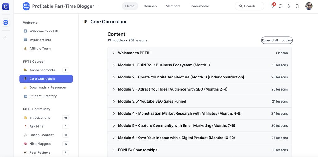 Screenshot of the Profitable Part Time Blogger course dashboard showing the Core Curriculum with 13 modules and 232 lessons. The curriculum includes topics such as building a business ecosystem, site architecture, SEO, YouTube SEO, affiliate monetization, email marketing, and creating digital products, giving readers of this Profitable Part Time Blogger review an overview of the course structure.