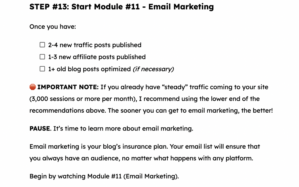 Screenshot from the Scale Your Travel Blog course explaining when students should begin the Email Marketing module after reaching specific blogging milestones. The lesson emphasizes building an email list as a long-term strategy for growing a blogging business.