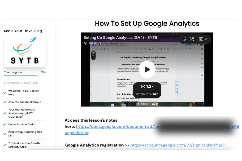 Screenshot from the Scale Your Travel Blog course showing a lesson titled "How To Set Up Google Analytics." A video tutorial appears above downloadable lesson notes and setup links, highlighting the practical technical training featured in this Scale Your Travel Blog course review.