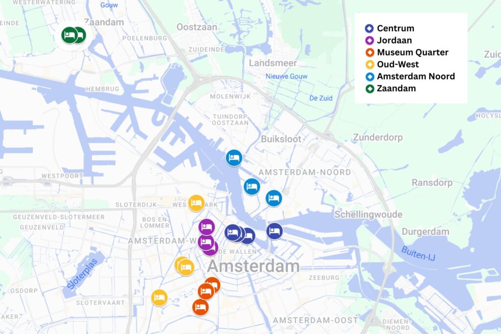 Map of Amsterdam highlighting recommended neighborhoods for visitors with color coded hotel markers across the city. A legend identifies "Centrum," "Jordaan," "Museum Quarter," "Oud-West," "Amsterdam Noord," and "Zaandam," helping travellers compare where to stay in Amsterdam based on location and accommodation options.