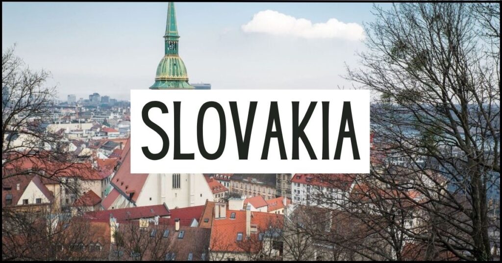 Bratislava's Old Town with red tiled rooftops and the green spire of St. Martin's Cathedral rising above the city, framed by leafless trees. Large white text overlay reads "SLOVAKIA".