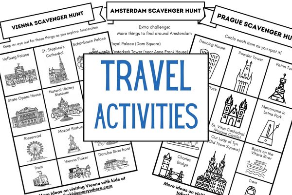 Printable scavenger hunt activity sheets featuring landmarks and things to spot while exploring Vienna Amsterdam and Prague. A white graphic over the sheets reads "TRAVEL ACTIVITIES".
