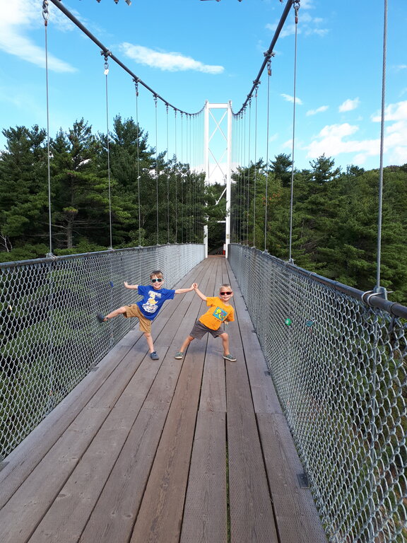 Two children wearing sunglasses pose playfully in the middle of a long suspension bridge with wooden planks and metal fencing. Evergreen forest surrounds the bridge on a sunny day.