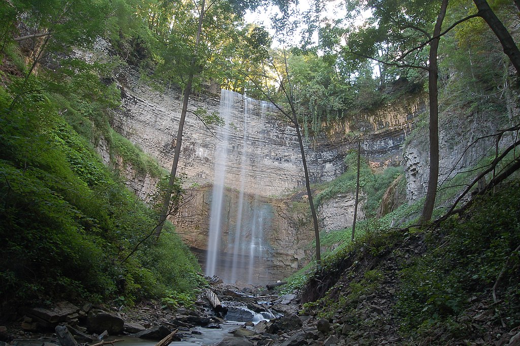 Tall waterfall dropping over a layered rock escarpment into a wooded ravine surrounded by dense green trees. One of the waterfalls in Hamilton surrounded by lush summer foliage.