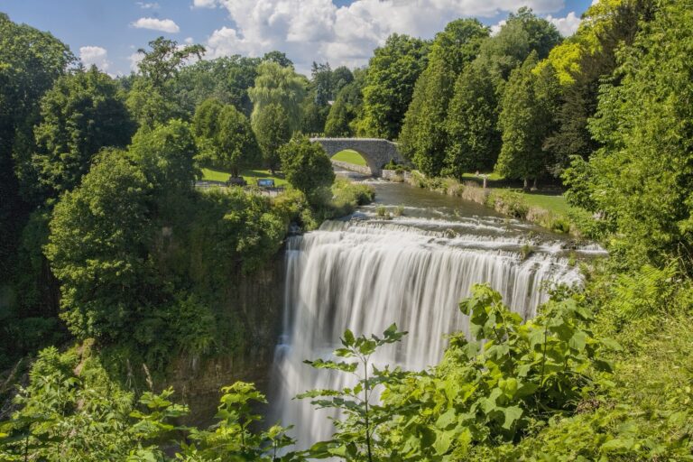 Wide waterfall cascading over the escarpment amid dense green summer foliage with a stone arch bridge upstream. The lush setting highlights the dramatic scenery found at waterfalls in Hamilton.