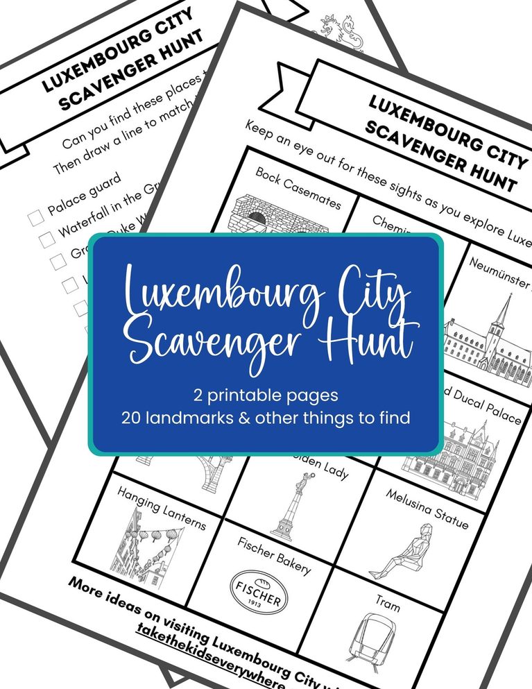 Luxembourg City scavenger hunt printable with illustrated activity sheets featuring landmarks including Bock Casemates. Text reads "Luxembourg City Scavenger Hunt. 2 printable pages. 20 landmarks and other things to find."