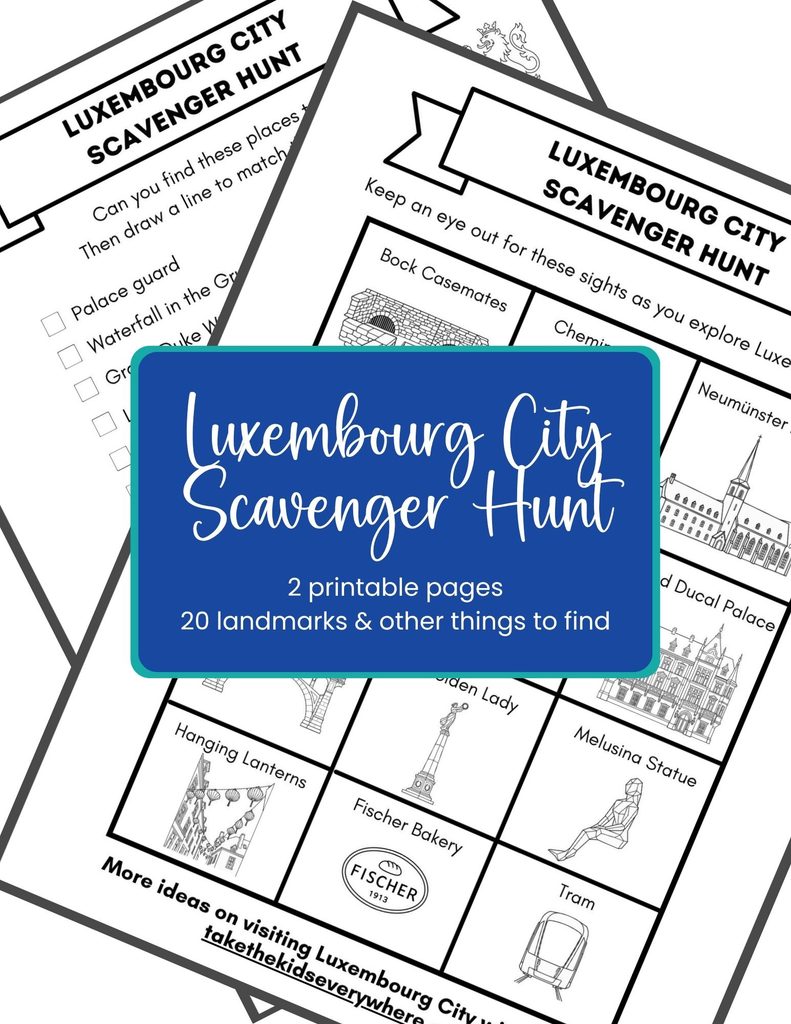 Luxembourg City scavenger hunt printable with illustrated activity sheets featuring landmarks including Bock Casemates. Text reads "Luxembourg City Scavenger Hunt. 2 printable pages. 20 landmarks and other things to find."