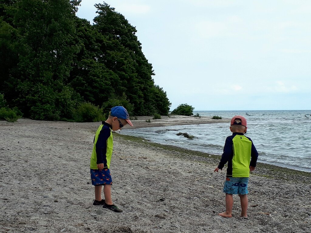 Two young children in bright green and navy swim shirts explore a rocky beach beside the water at Rock Point Provincial Park in Ontario. Dense green trees line the quiet shoreline behind them.