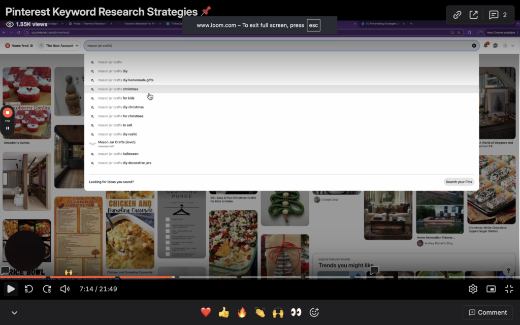 Pinterest keyword research demonstration showing a search for "mason jar crafts" and Pinterest autocomplete suggestions including "mason jar crafts diy" and "mason jar crafts christmas." The lesson video is titled "Pinterest Keyword Research Strategies."
